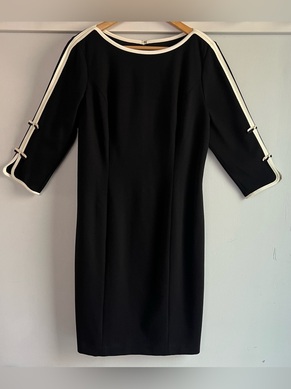 Talbots Classics Black Sheath Dress White Trim Bow Sleeve Career Size 8 NWT $129